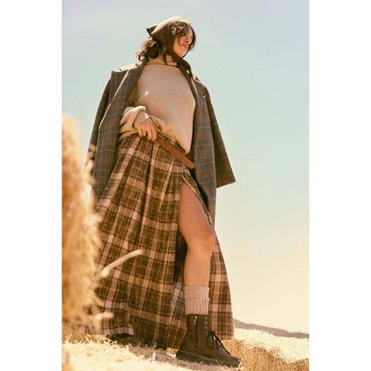 Plaid Flannel Pleated Wrapped Raw-Edge Maxi Skirt