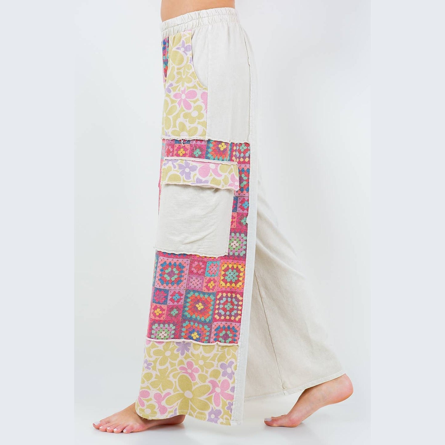 Mineral Wash Boho Crochet Floral Printed Pants