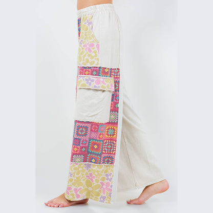 Mineral Wash Boho Crochet Floral Printed Pants