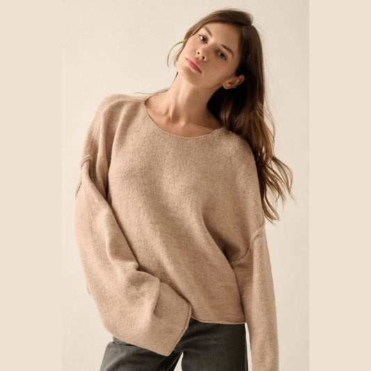 Solid Textured Knit Exposed-Seam Loose-Fit Sweater