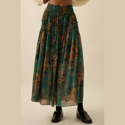 Floral-Print Smocked Drop-Waist Ruffle Maxi Skirt