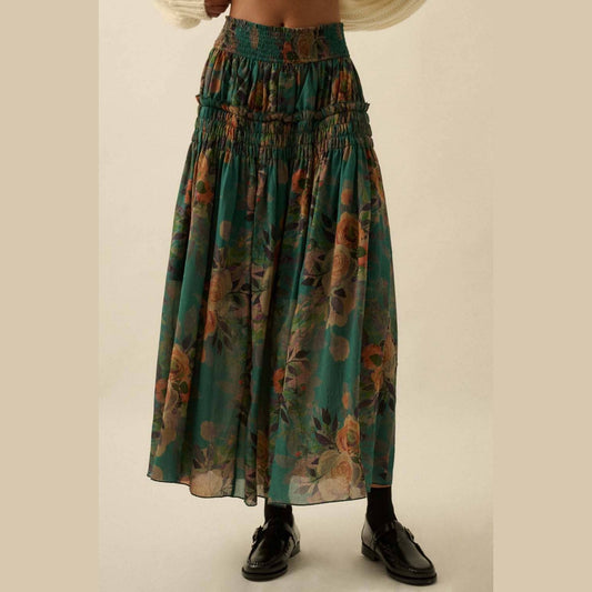 Floral-Print Smocked Drop-Waist Ruffle Maxi Skirt