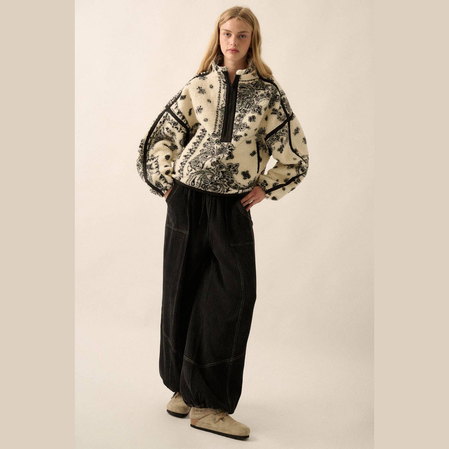 Floral Sherpa Fleece Half-Zip Pullover Jacket