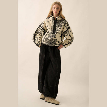 Floral Sherpa Fleece Half-Zip Pullover Jacket