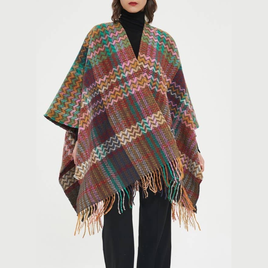 Plaid Ruana Multi-Colored Kimono shawl With Tassel Detail