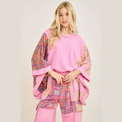 Mineral Washed Crochet Flower Printed Poncho