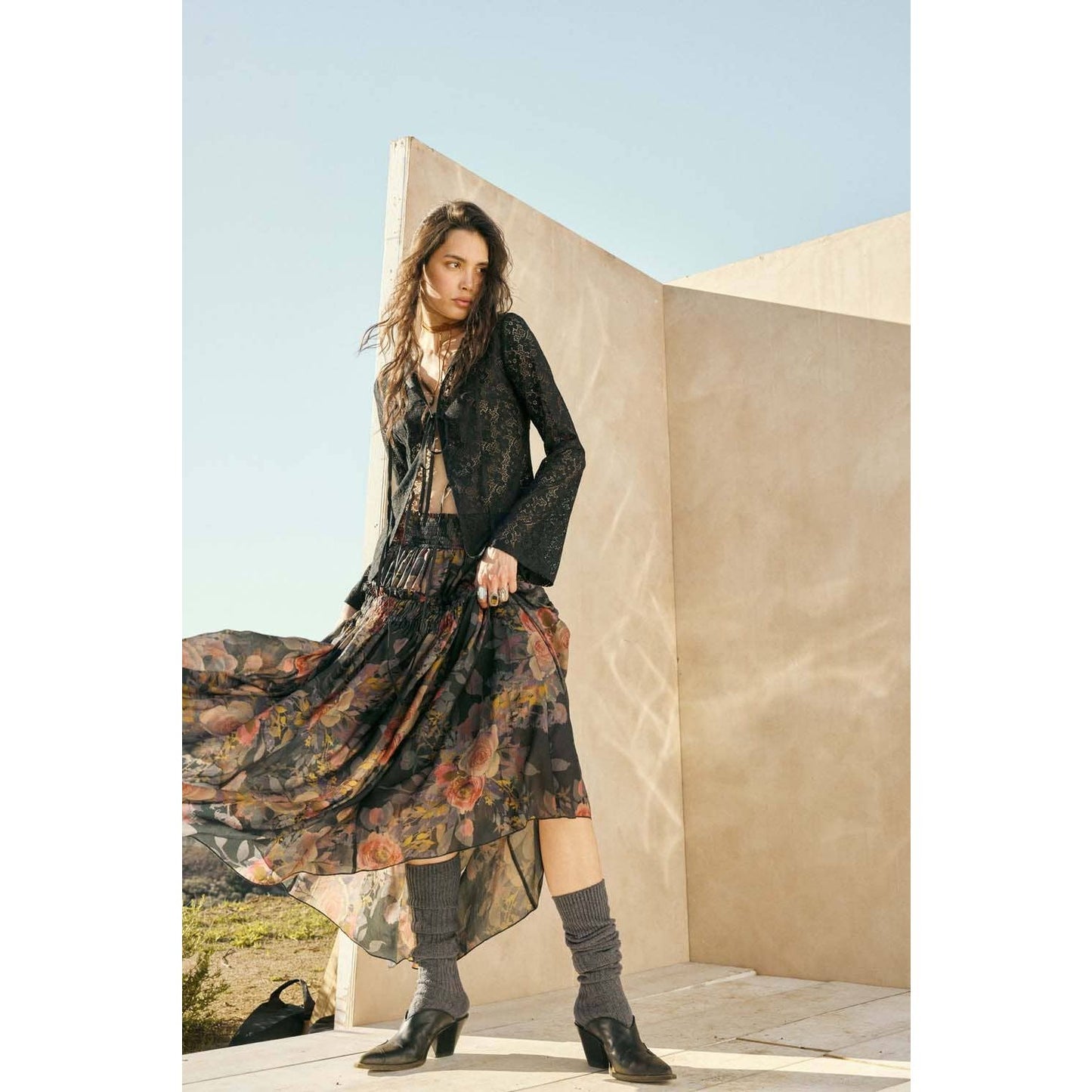 Floral-Print Smocked Drop-Waist Ruffle Maxi Skirt