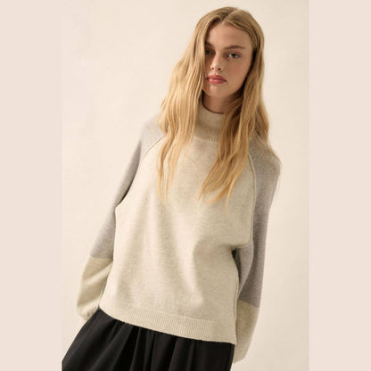 Colorblock Knit Bishop-Sleeve Mock-Neck Sweater