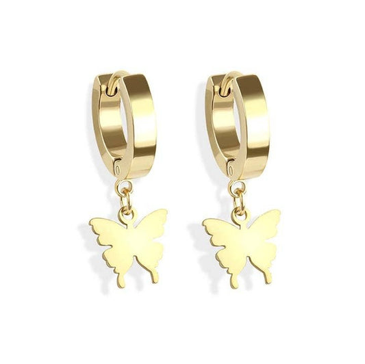 STAINLESS STEEL HUGGIE/HOOP EARRINGS W/BUTTERFLY
