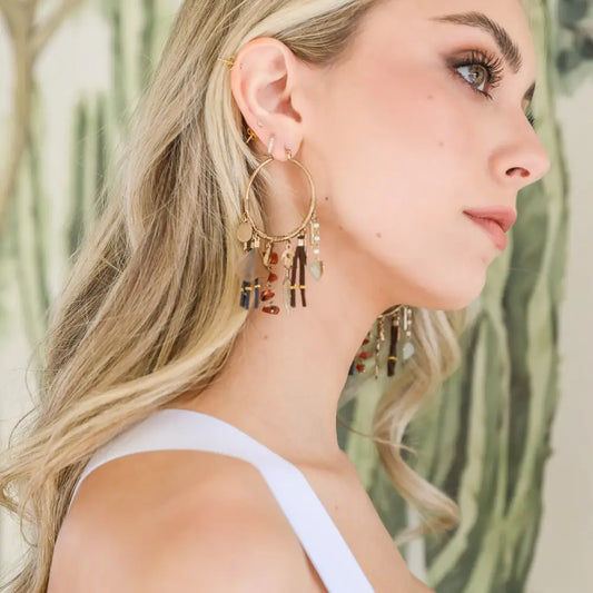 Carnelian & Jade Feather Fringe Hoop Earring