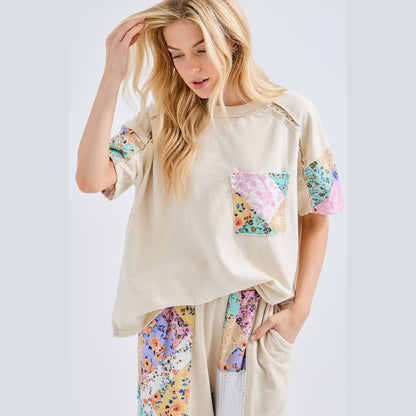 Mineral Washed Flower Patch Pocket Top