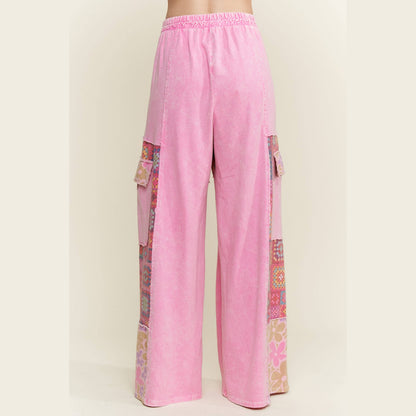 Mineral Wash Boho Crochet Floral Printed Pants