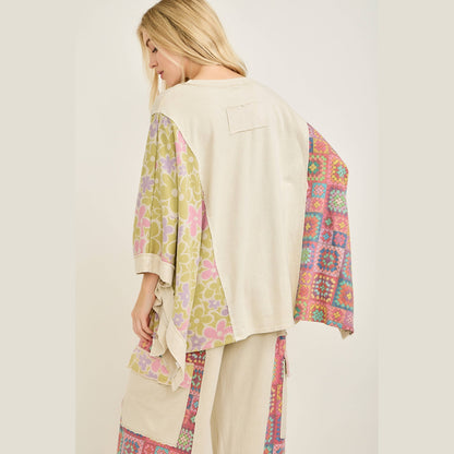 Mineral Washed Crochet Flower Printed Poncho