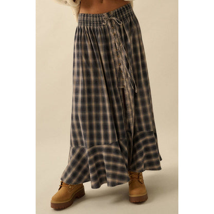 Plaid Flannel Button-Front Drawstring Maxi Skirt