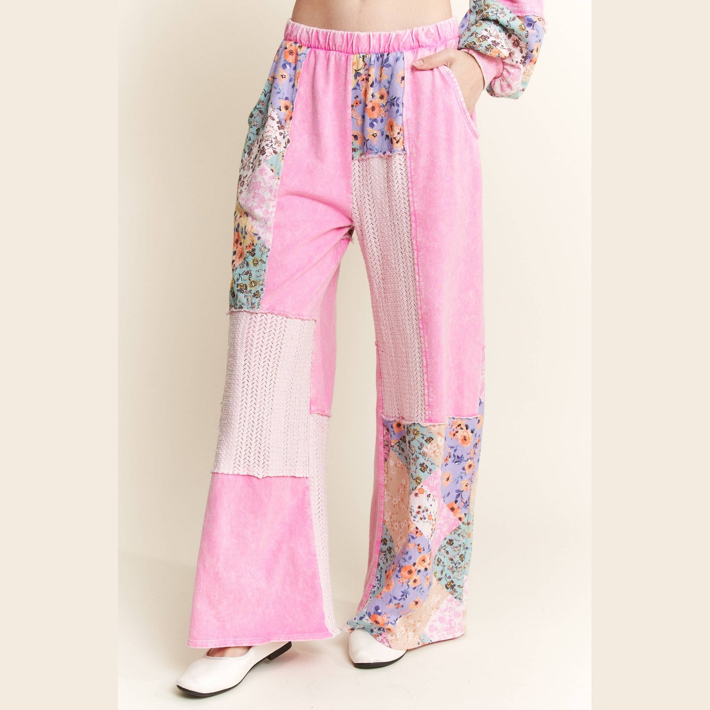 Mineral Washed Floral Wave Knit Jacquard Boho Pants