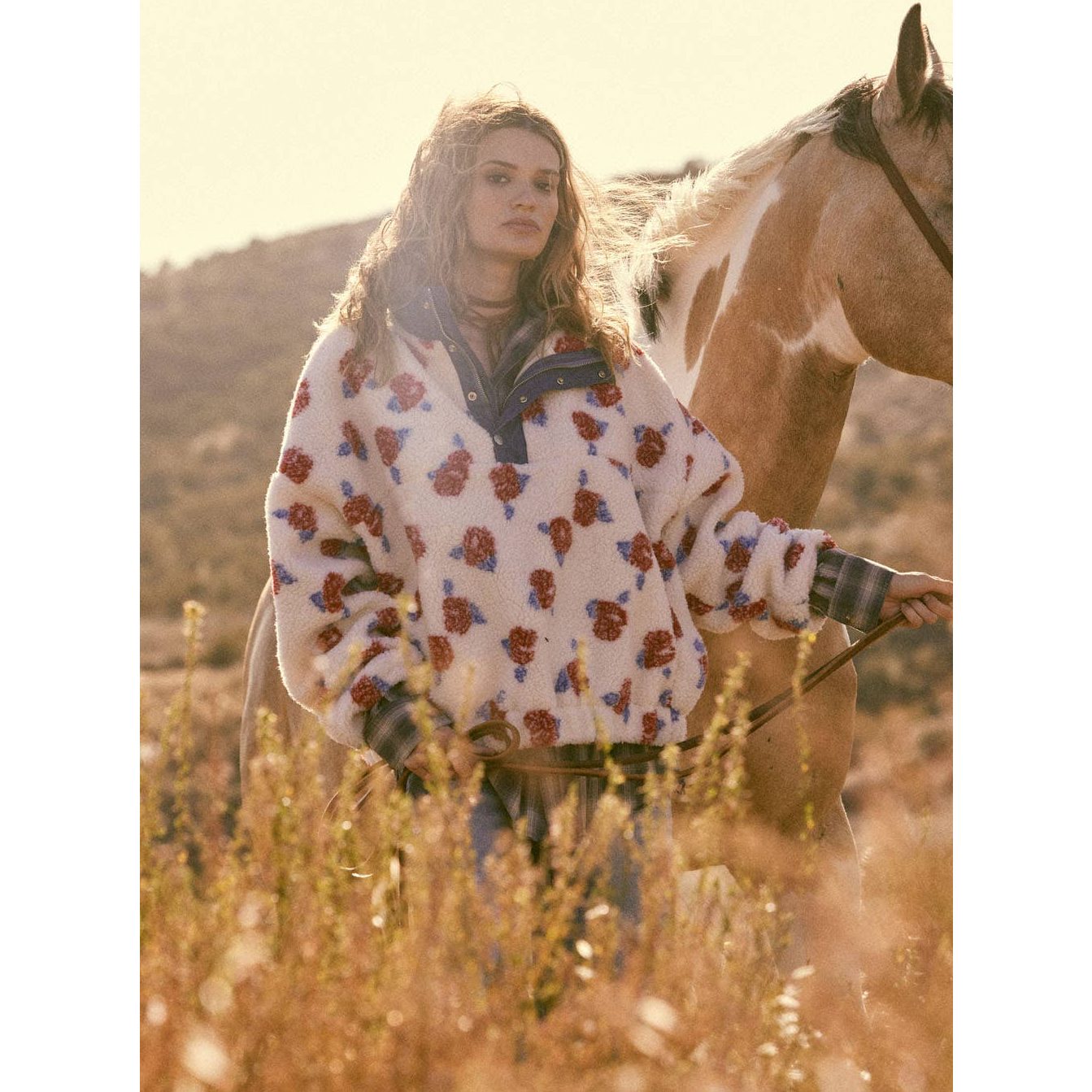 Floral Fleece and Denim Half-Snap Pullover