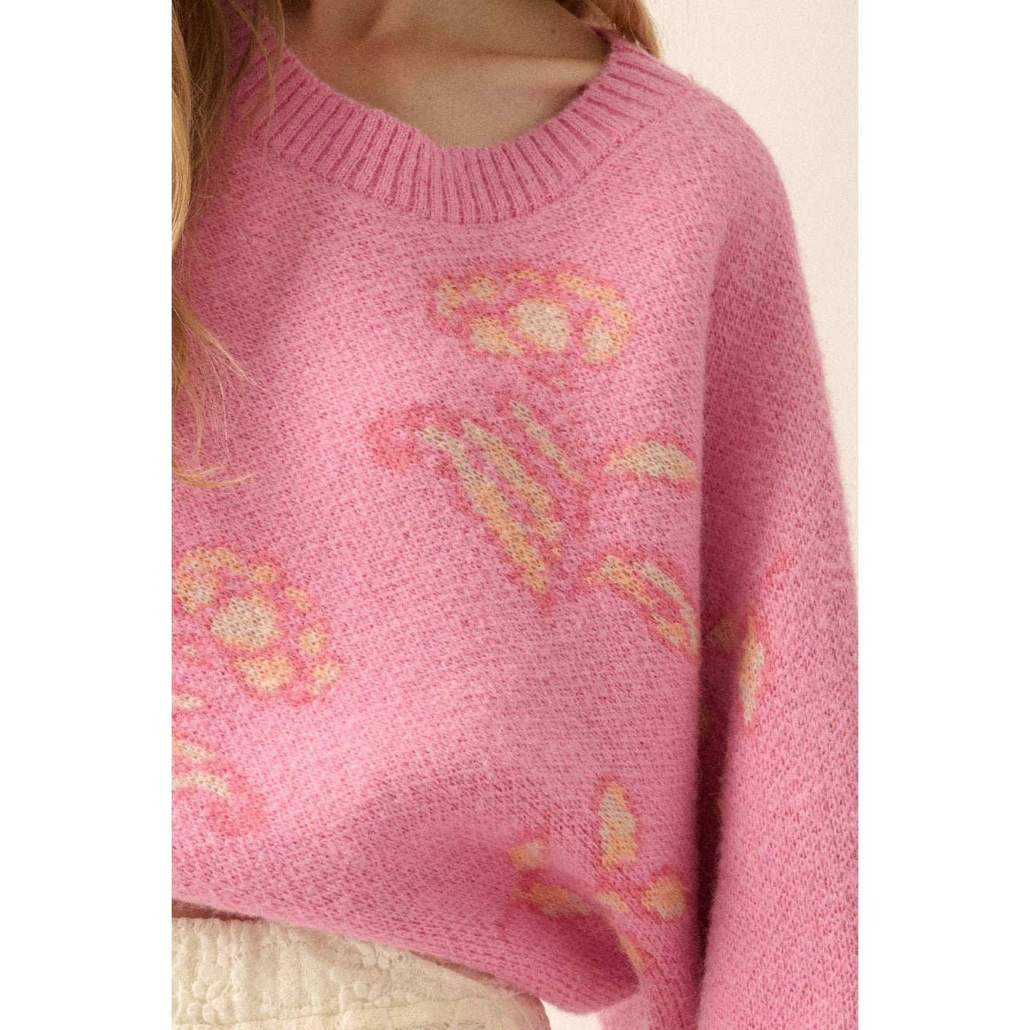Floral Knit Cropped Dolman-Sleeve Sweater