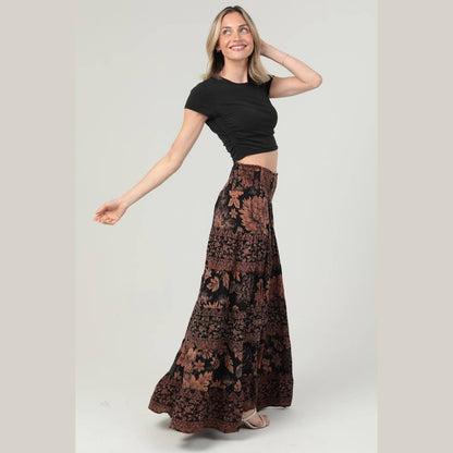 SMOCKED WAISTBAND TIERED A LINE MAXI SKIRT - The Feral Market