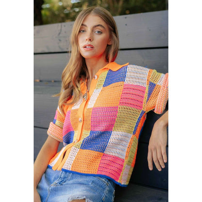Neon Color Block Crochet Shirt