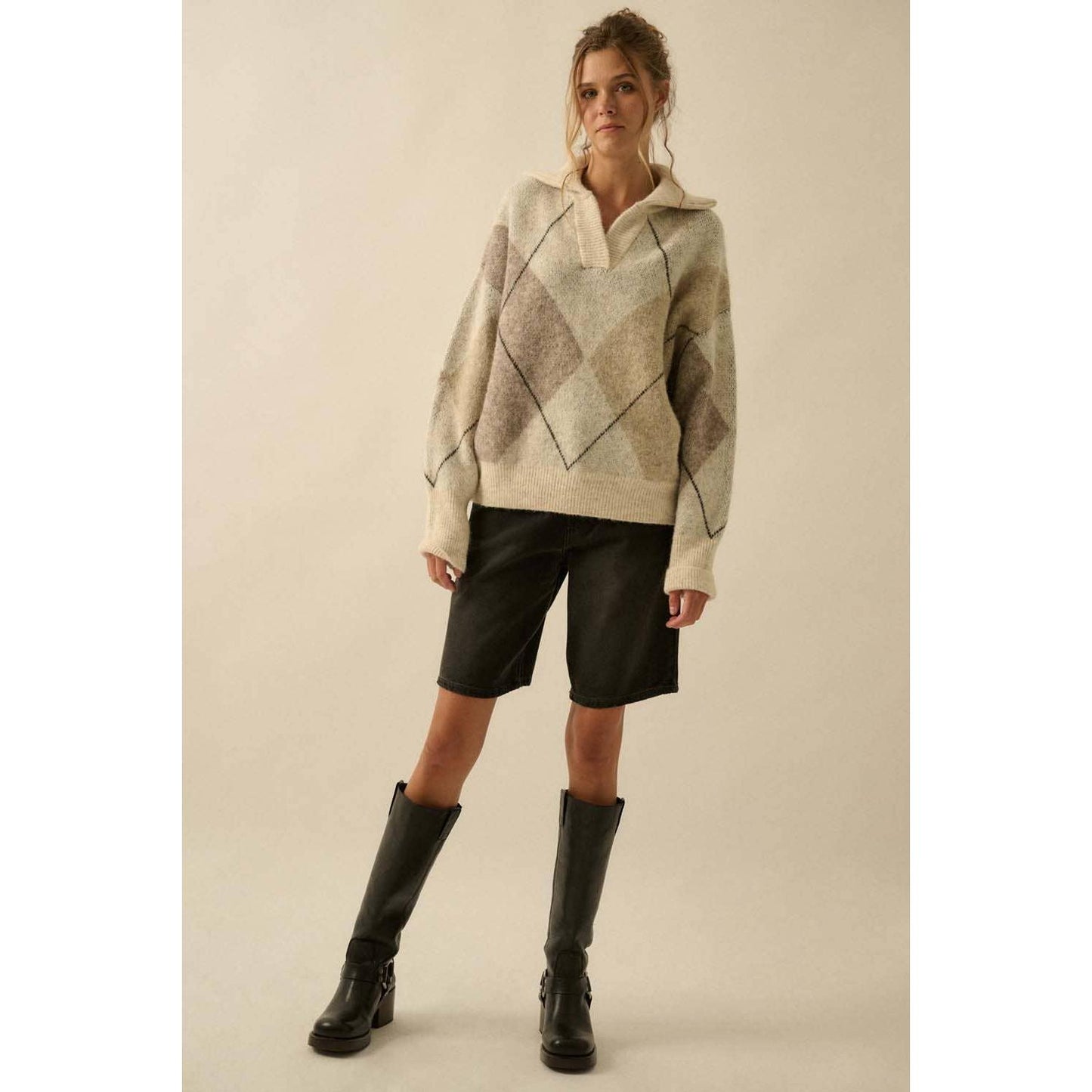 Argyle Plaid Knit Split-Neck Collared Sweater