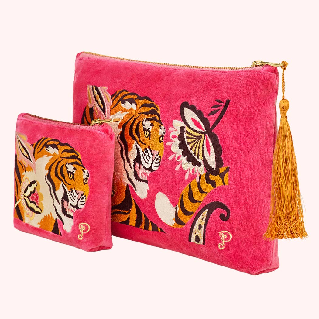 Velvet Embroidered Zip Pouch - Thrill of the Tiger