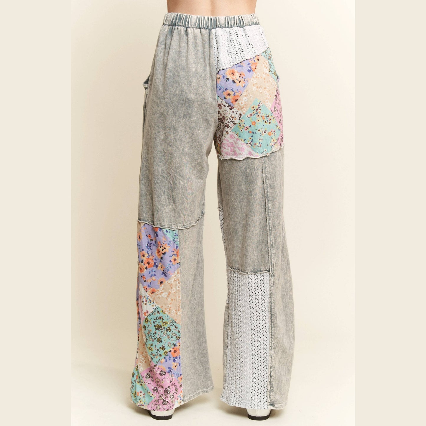 Mineral Washed Floral Wave Knit Jacquard Boho Pants