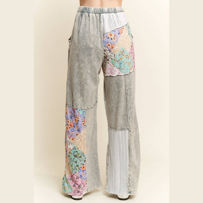 Mineral Washed Floral Wave Knit Jacquard Boho Pants
