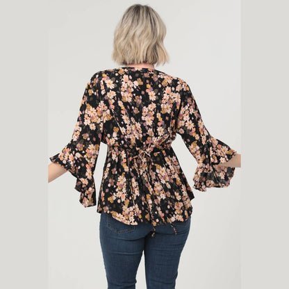 V-Neck Button Front Angled Ruffle Sleeve Top