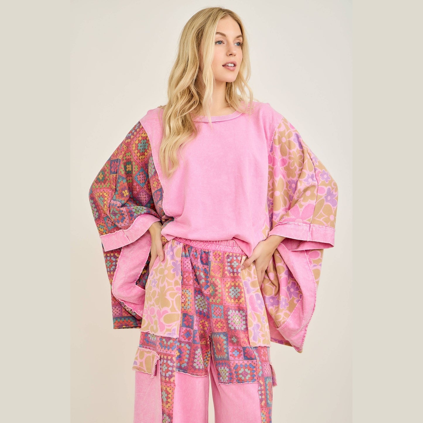 Mineral Washed Crochet Flower Printed Poncho