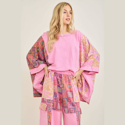 Mineral Washed Crochet Flower Printed Poncho