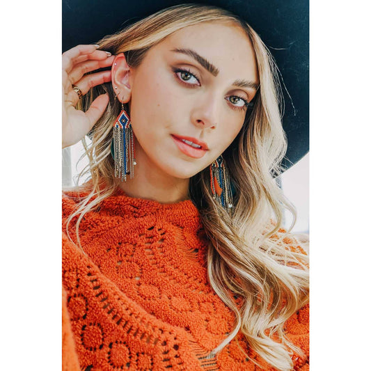 🌟 Statement Fringe Feather Bead Earrings