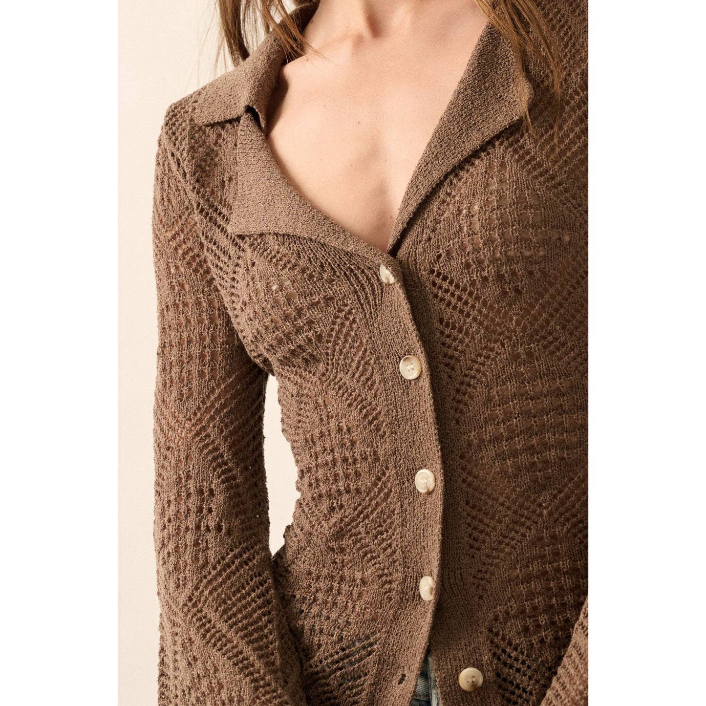 Solid Geometric-Pointelle Bell-Sleeve Cardigan