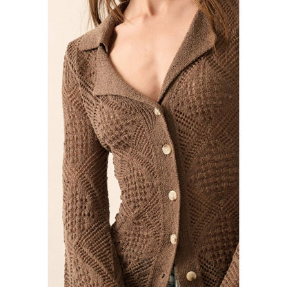 Solid Geometric-Pointelle Bell-Sleeve Cardigan