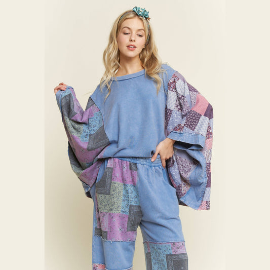 Mineral Washed Boho Patch Poncho Top