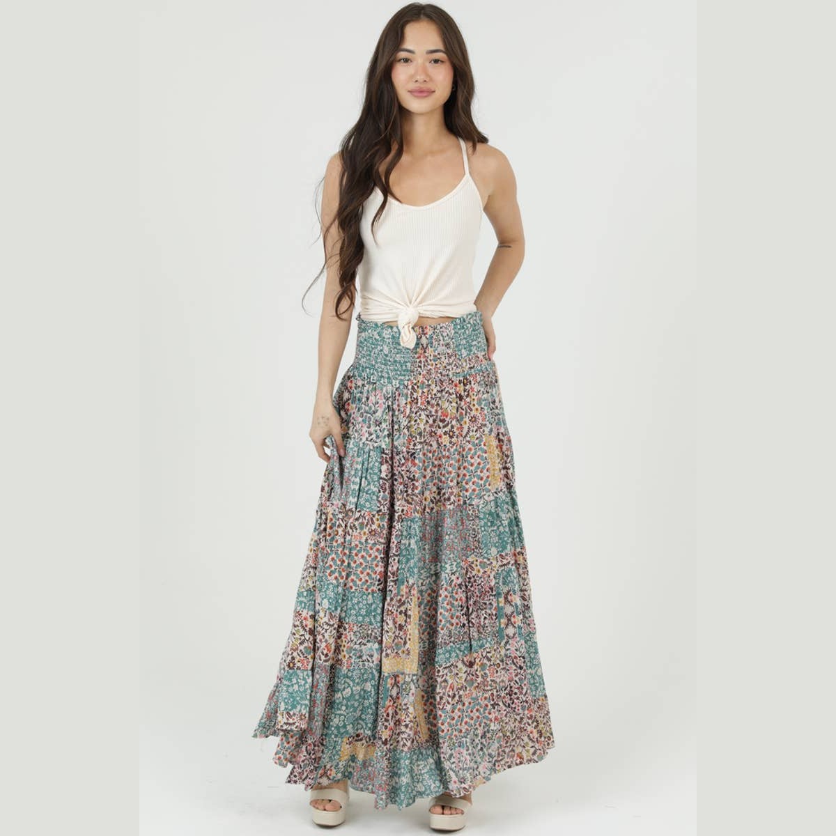 SMOCKED WAISTBAND PATCHWORK PRINT A LINE TIERED M - The Feral Market
