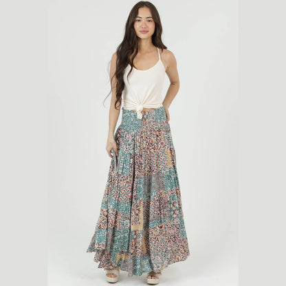 SMOCKED WAISTBAND PATCHWORK PRINT A LINE TIERED M - The Feral Market