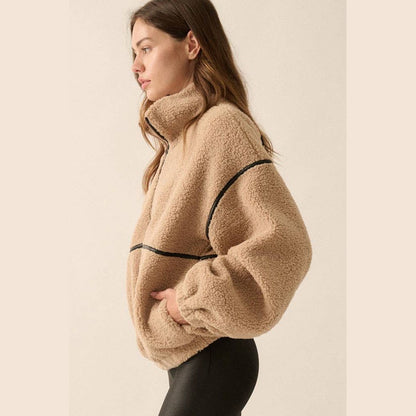 Faux Leather-Trimmed Sherpa Fleece Zip-Up Jacket