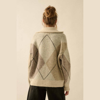 Argyle Plaid Knit Split-Neck Collared Sweater