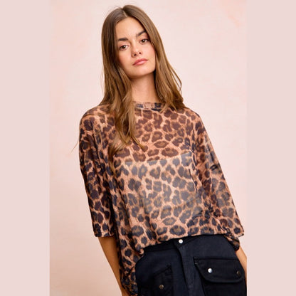 Leopard Print Short Sleeves Boxy Mesh Top