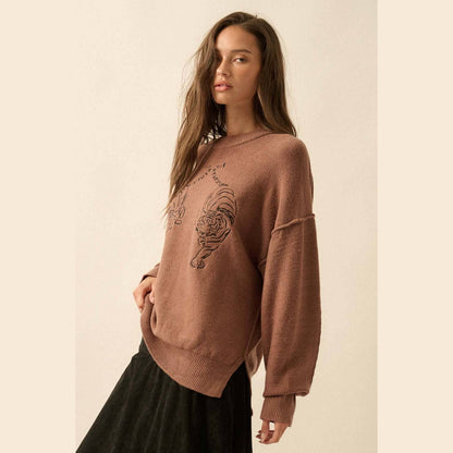 Embroidered Tigers Solid Knit Exposed-Seam Sweater - The Feral Market