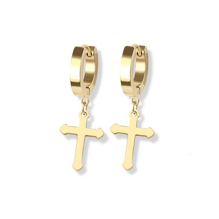 STAINLESS STEEL HUGGIE/HOOP EARRINGS WITH CROSS