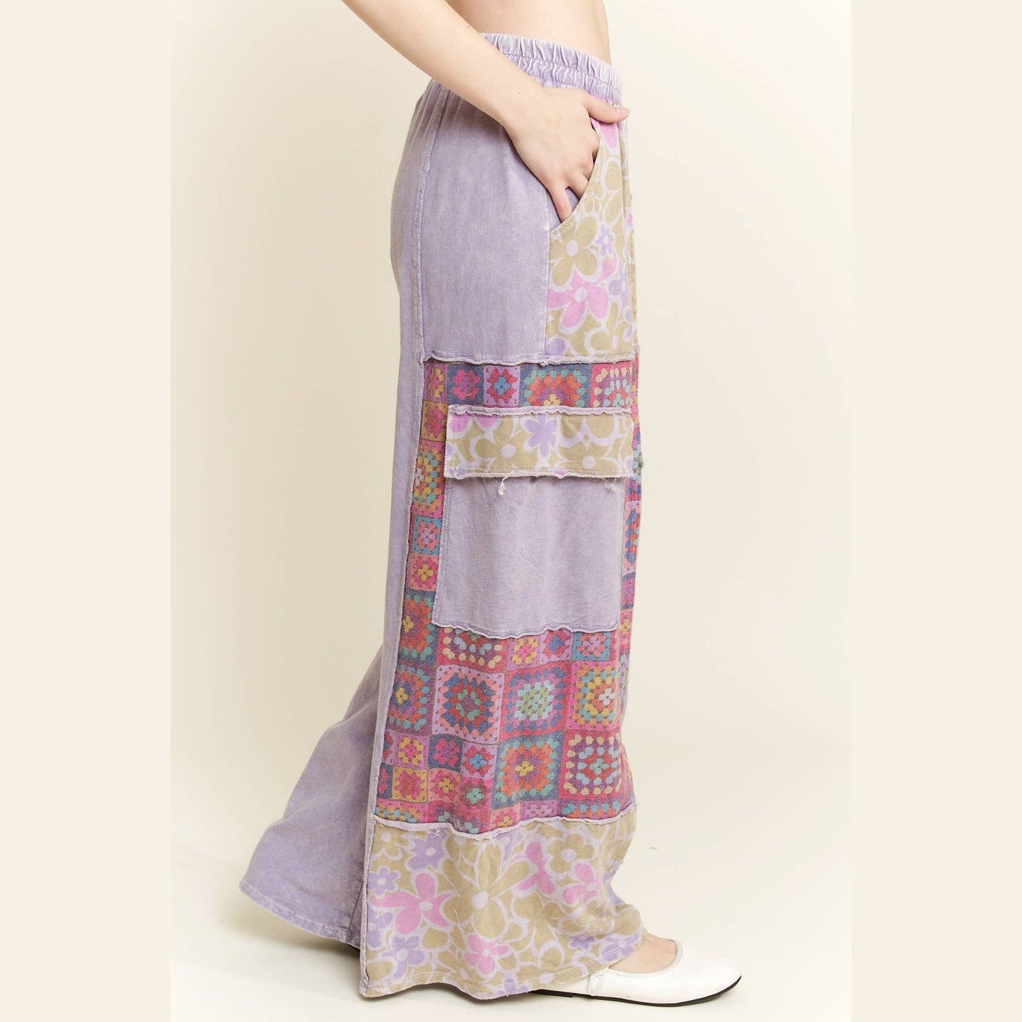 Mineral Wash Boho Crochet Floral Printed Pants