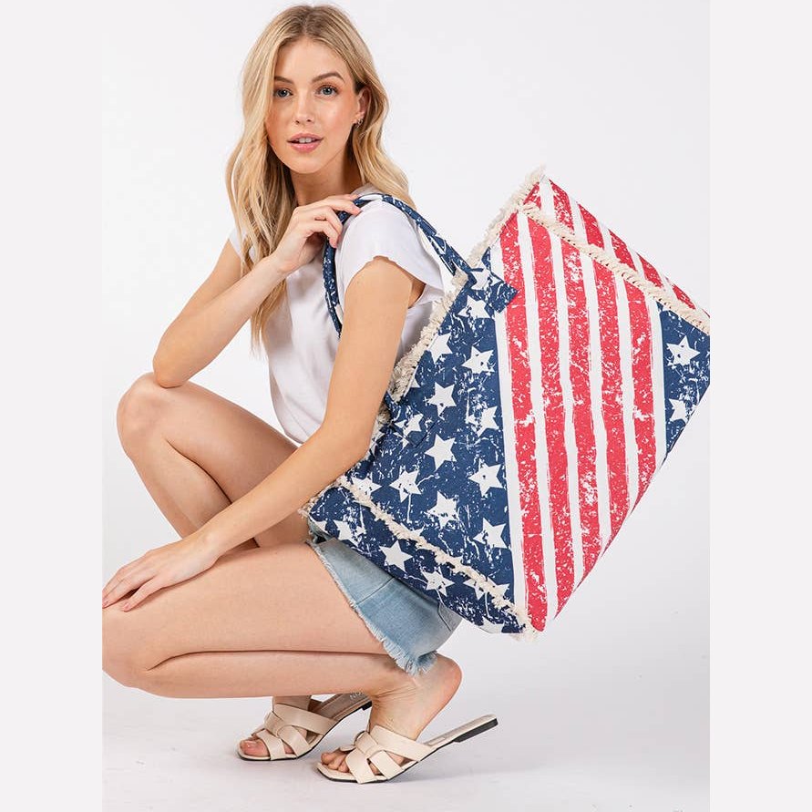 American Flag Pattern with Fringe Summer Tote Bag