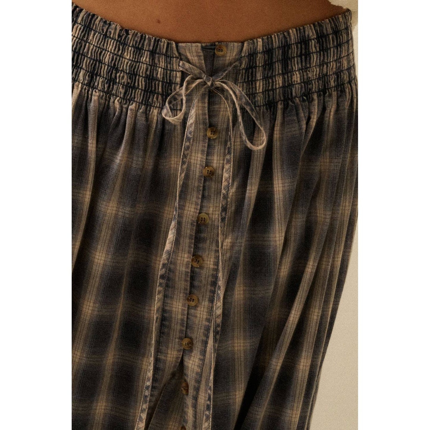 Plaid Flannel Button-Front Drawstring Maxi Skirt