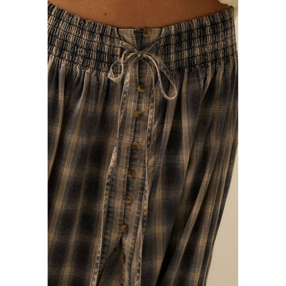 Plaid Flannel Button-Front Drawstring Maxi Skirt