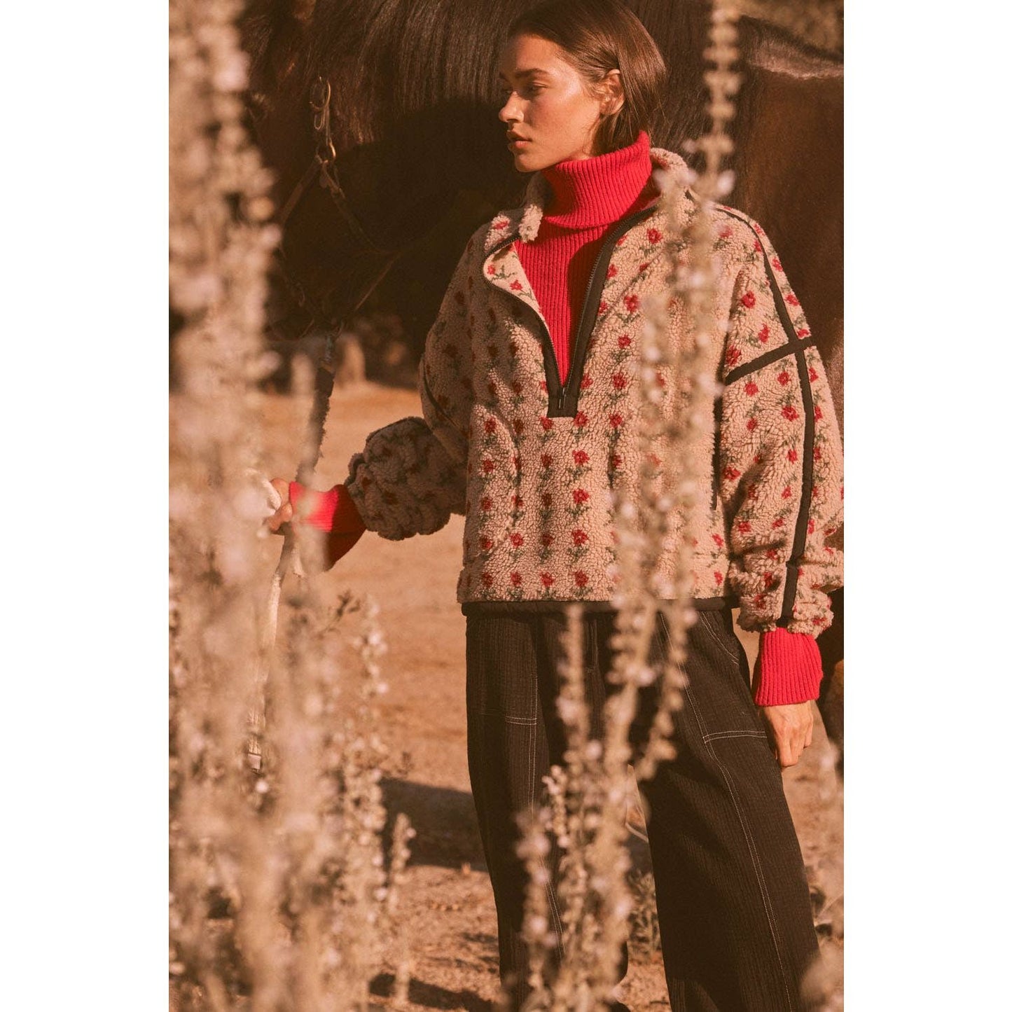 Floral-Print Fleece Half-Zip Pullover Jacket