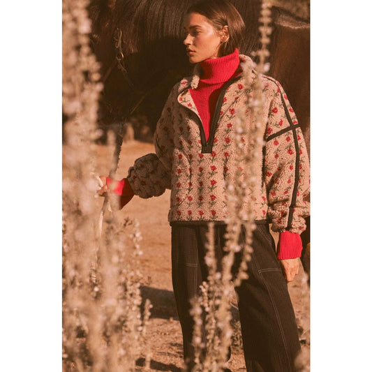 Floral-Print Fleece Half-Zip Pullover Jacket