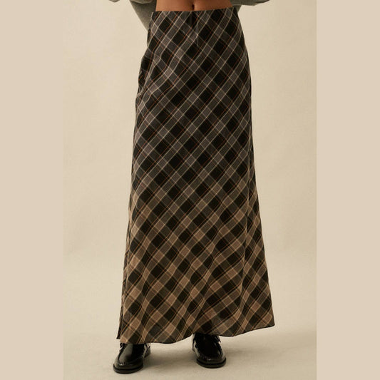 Ombre Dip-Dye Plaid Bias-Cut Maxi Skirt