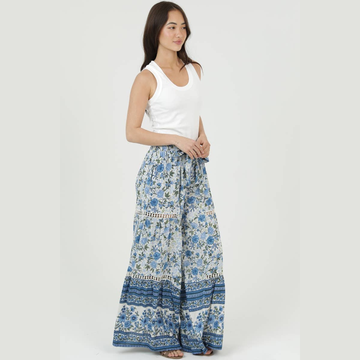 PRINTED WIDE LEG TIE WAIST PANTS WITH LACE - The Feral Market