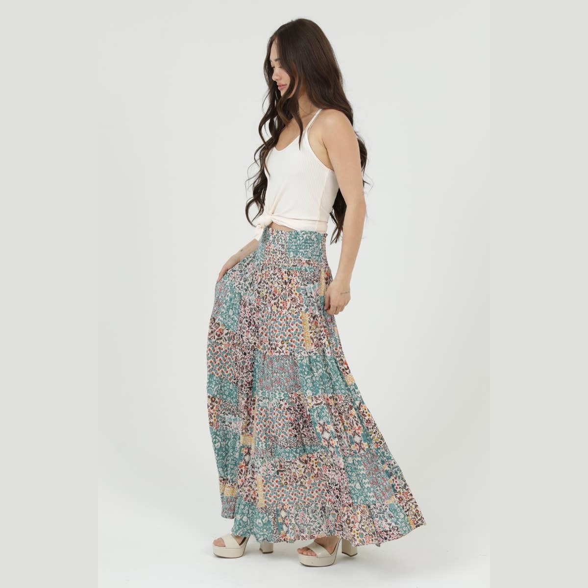 SMOCKED WAISTBAND PATCHWORK PRINT A LINE TIERED M - The Feral Market